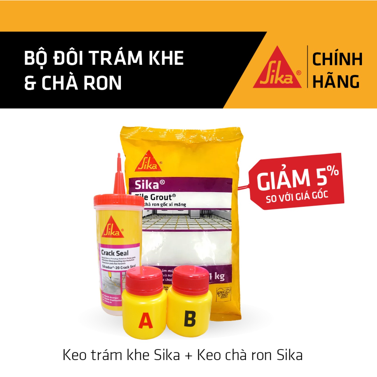 Sika - BỘ ĐÔI Trám Khe - Chà Ron Sikadur ® - 20 Crack Seal (160 ml) + Sika ® Tile Grout (bao 1 kg)