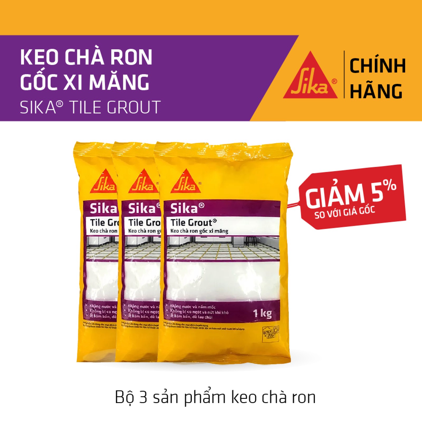Sika - BỘ 3 sản phẩm keo chà ron chống thấm Sika ® Tile Grout (bao 1 kg)